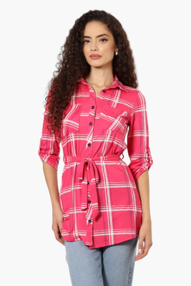 Urbanology Belted Striped Button Down Shirt - Pink