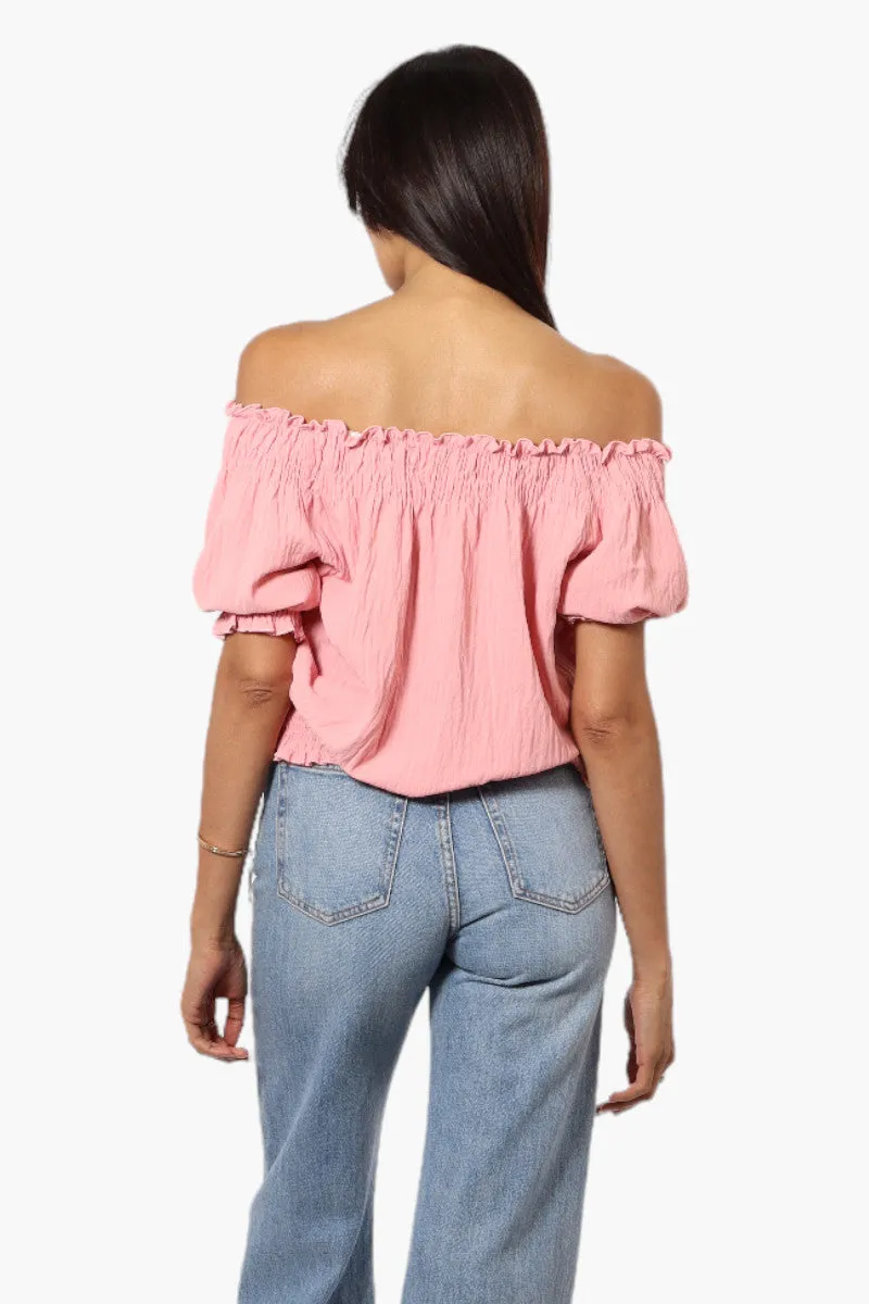 Urbanology Off Shoulder Tie Front Smock Blouse - Pink