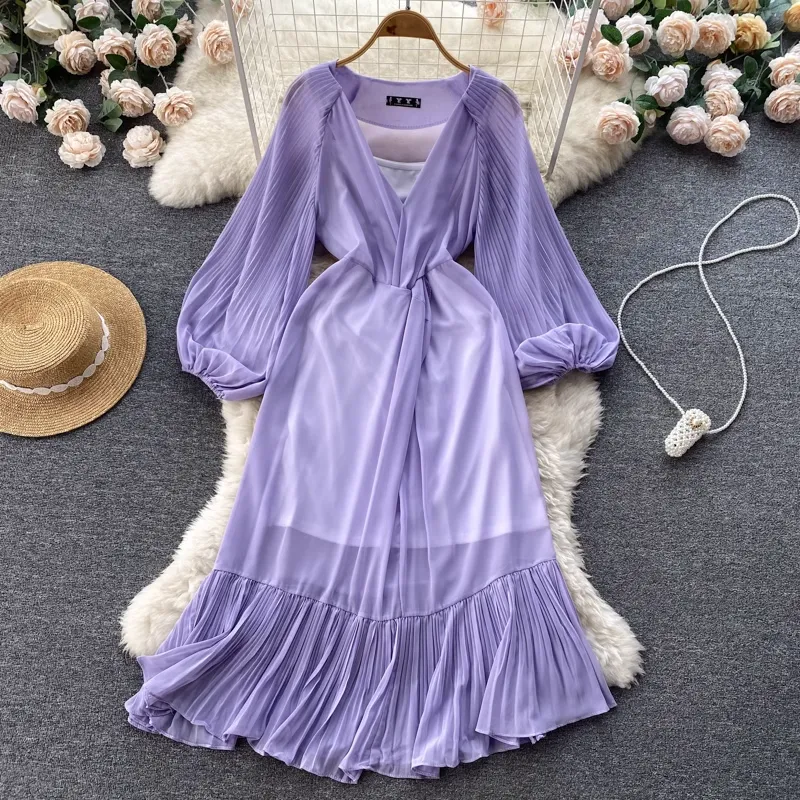 V Neck Autumn Dress Women  Mid Length Skirt 1261