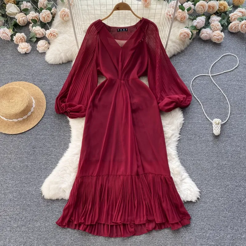 V Neck Autumn Dress Women  Mid Length Skirt 1261