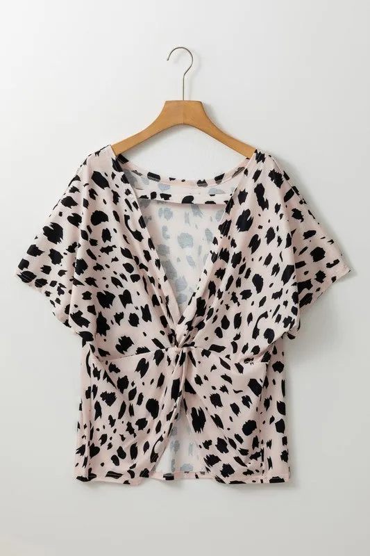 Women Leopard Print Twist Open Back Plus Size Top