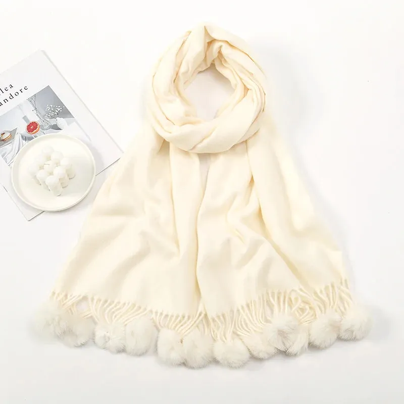 Women Warm Rabbit Fur Ball Thick Cashmere Pompom Oversize Blanket Scarf