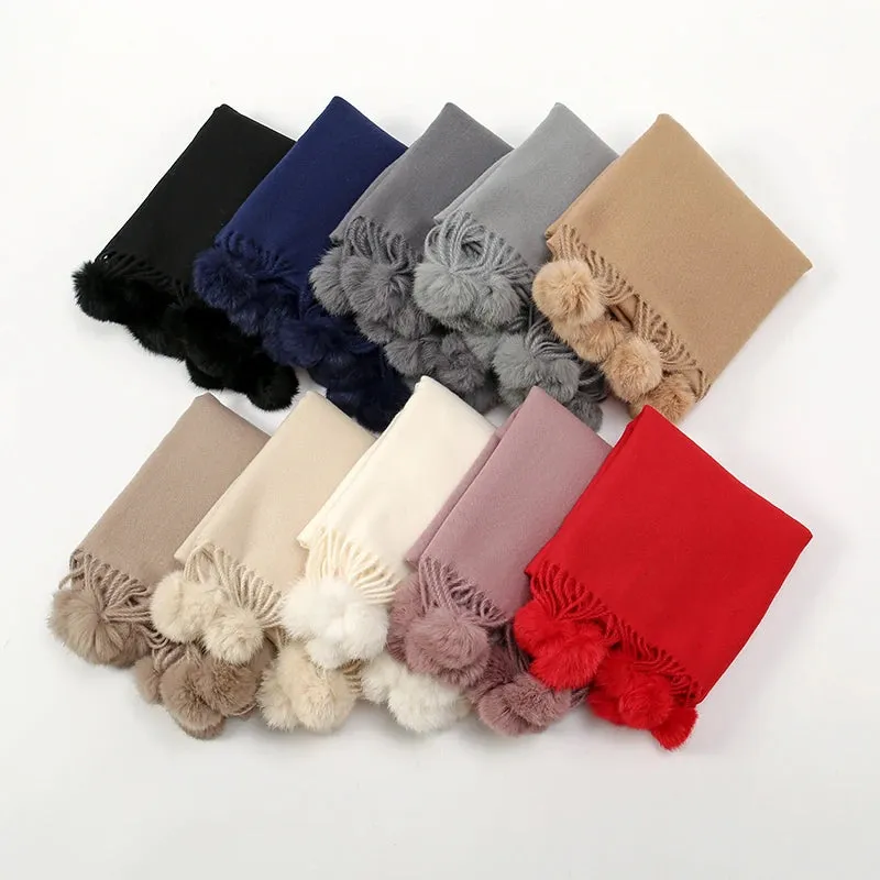 Women Warm Rabbit Fur Ball Thick Cashmere Pompom Oversize Blanket Scarf