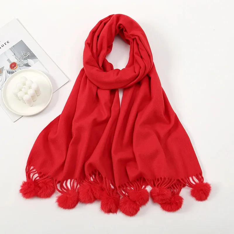 Women Warm Rabbit Fur Ball Thick Cashmere Pompom Oversize Blanket Scarf