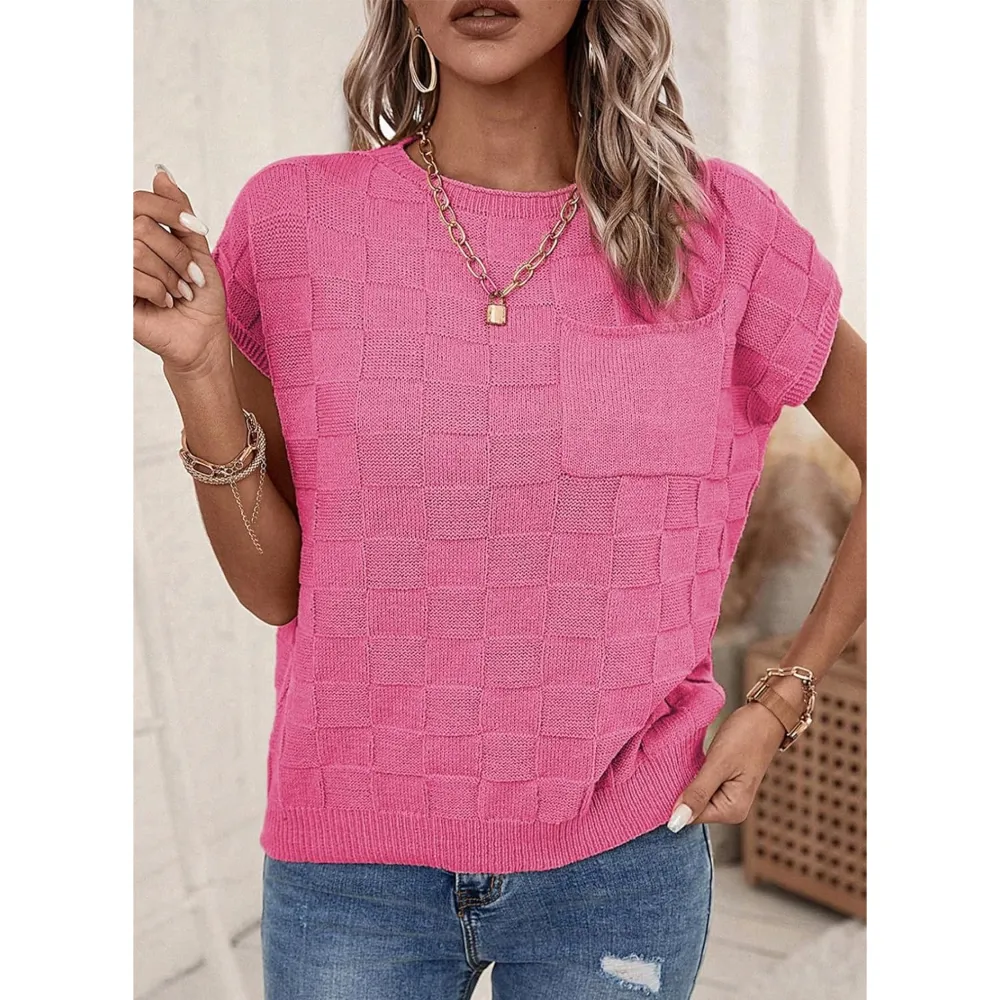 Women's Cap Sleeve Lightweight Crewneck Knit Tops-Bright Pink