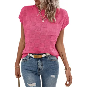 Women's Cap Sleeve Lightweight Crewneck Knit Tops-Bright Pink