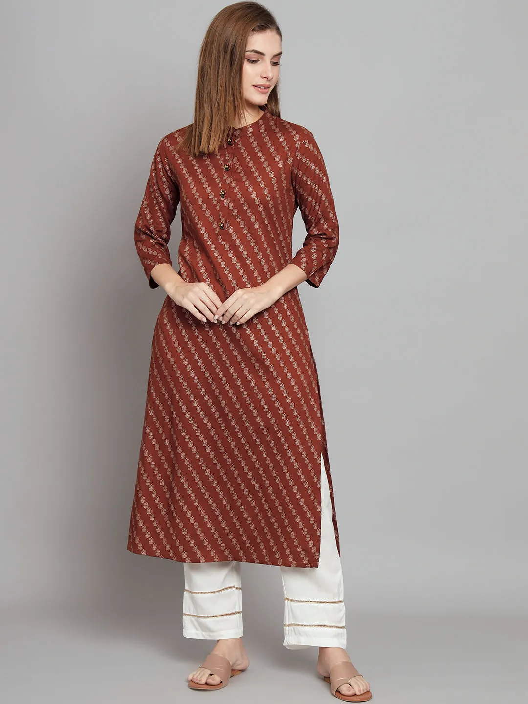 Women's Rust::Brown Rayon Straight  Kurta Palazzo Set