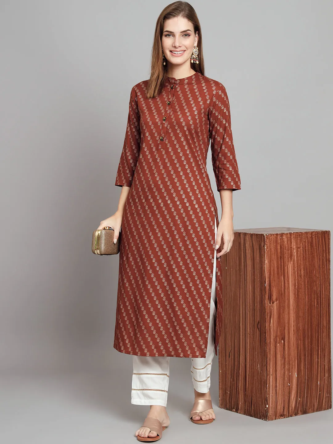 Women's Rust::Brown Rayon Straight  Kurta Palazzo Set