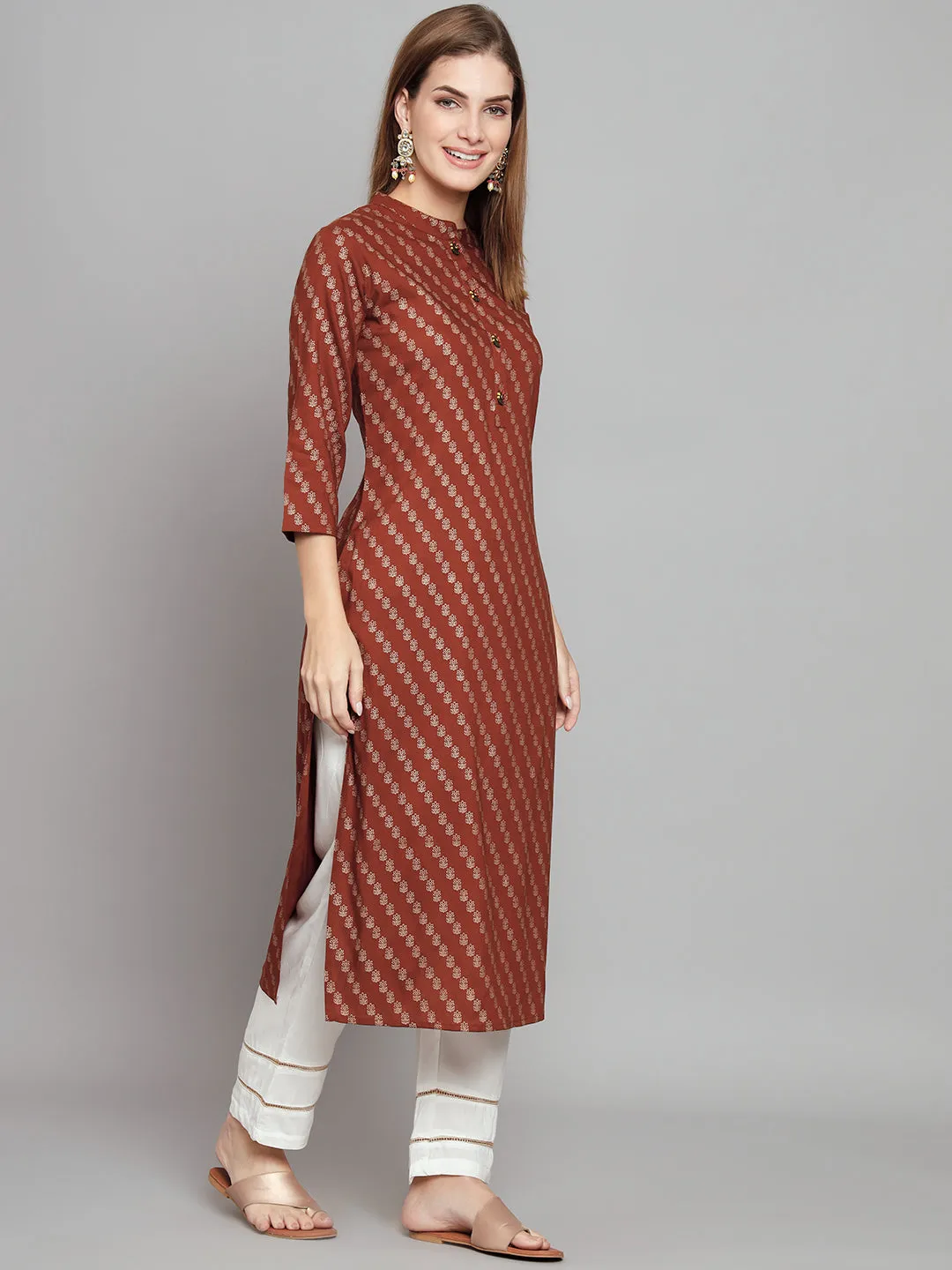 Women's Rust::Brown Rayon Straight  Kurta Palazzo Set