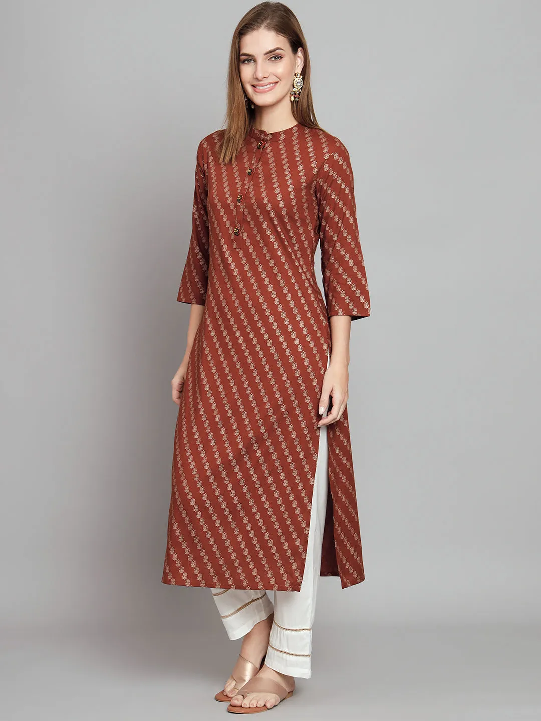 Women's Rust::Brown Rayon Straight  Kurta Palazzo Set