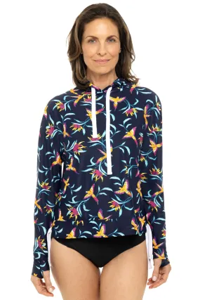 Women's Waikal Swim Hoodie  |  Navy Birds of Paradise