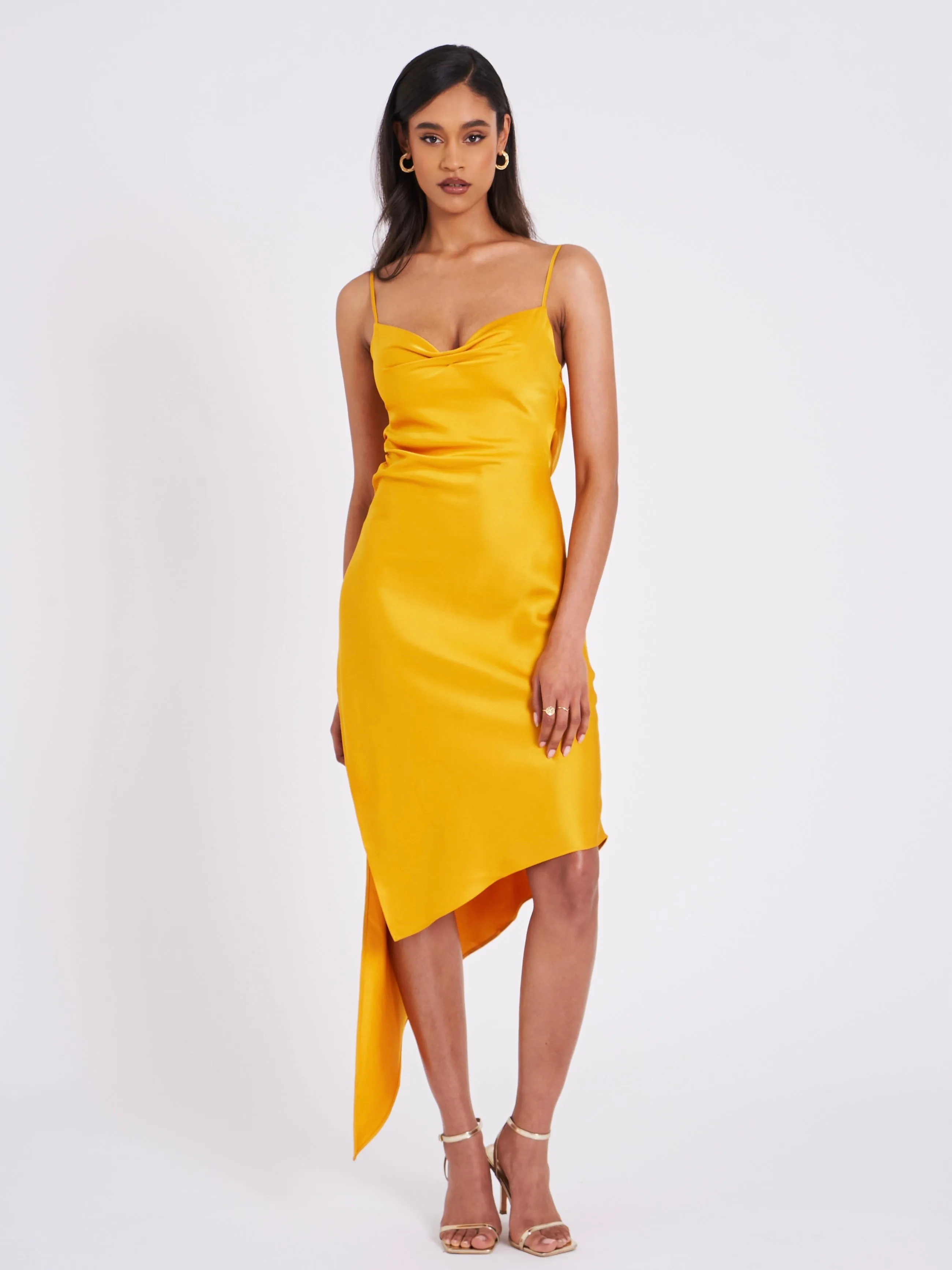 Wrenlee Orange Satin Draping Midi Dress