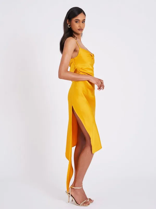 Wrenlee Orange Satin Draping Midi Dress