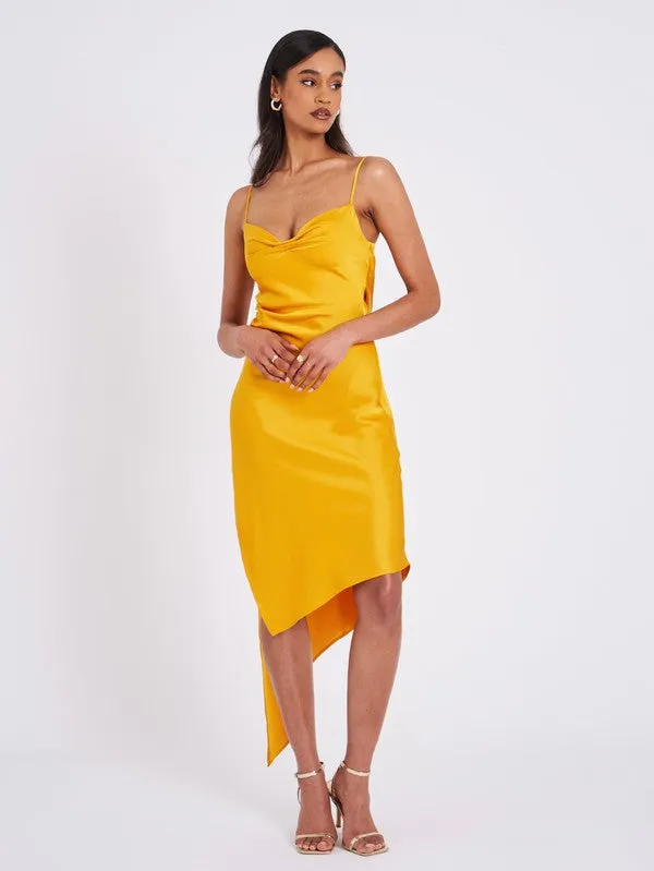 Wrenlee Orange Satin Draping Midi Dress