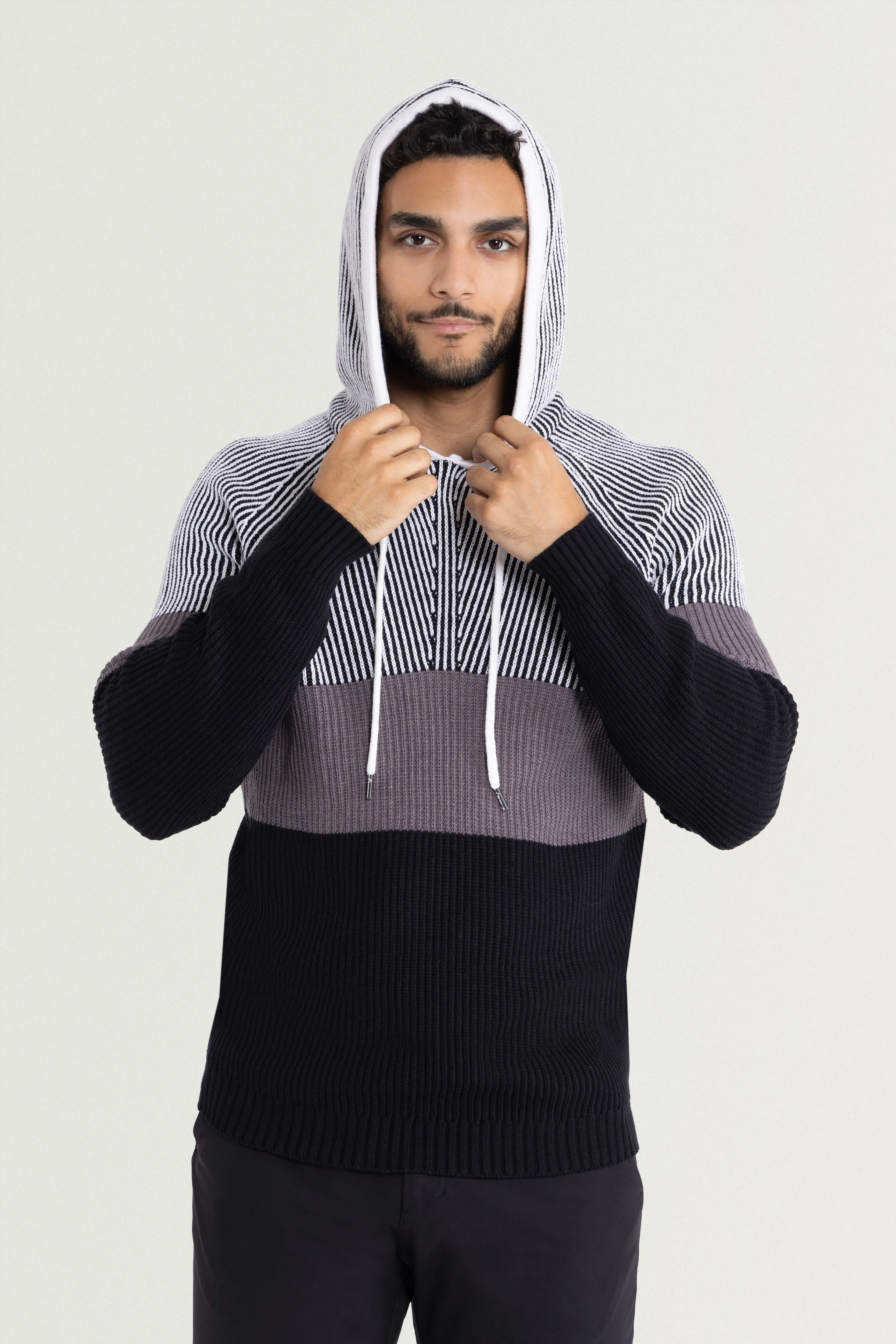 X RAY Men's Rib Knit Color Block Pullover Hooded Sweater