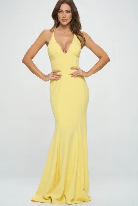 Yellow Mermaid Deep V-neck Prom Maxi Dress