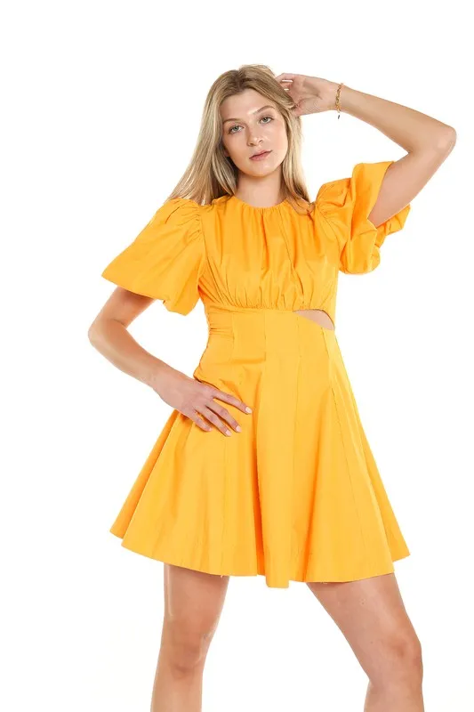 Yellow Puff Shoulder Flounce Mini Dress