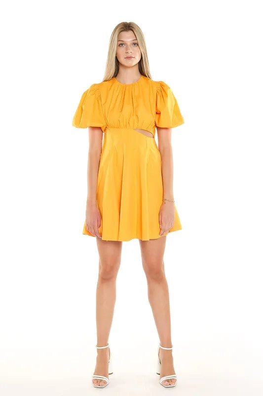 Yellow Puff Shoulder Flounce Mini Dress