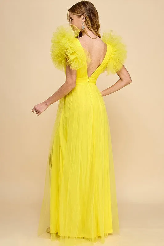 Yellow Ruffle Sleeve Slit Side Tulle Maxi Dress